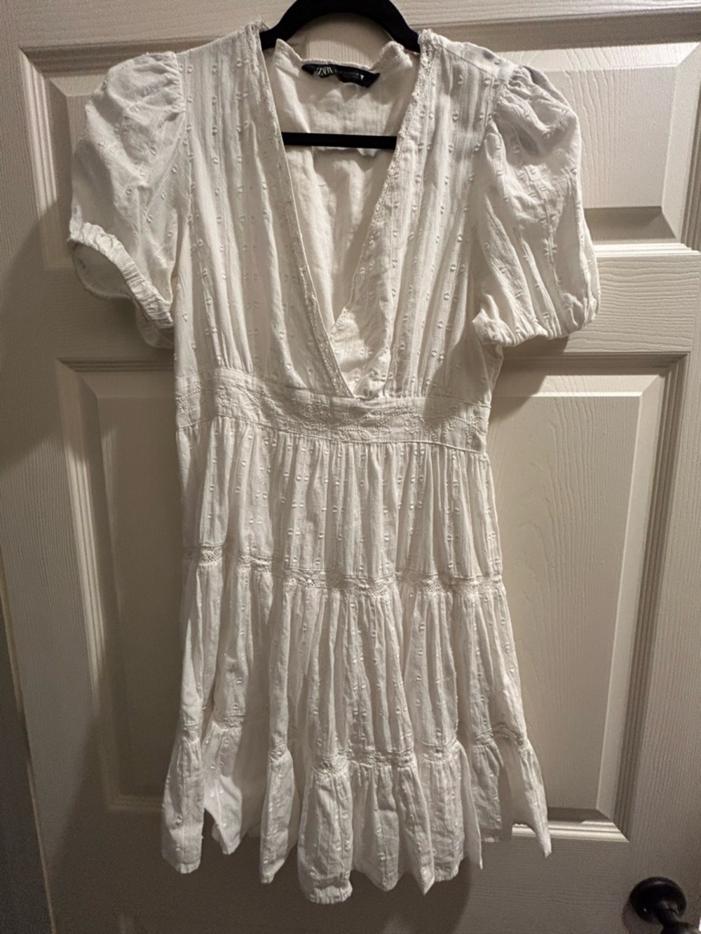 Zara White Cotton Short Sleeve Mini Dress Lace Trim - Picture 2 of 11